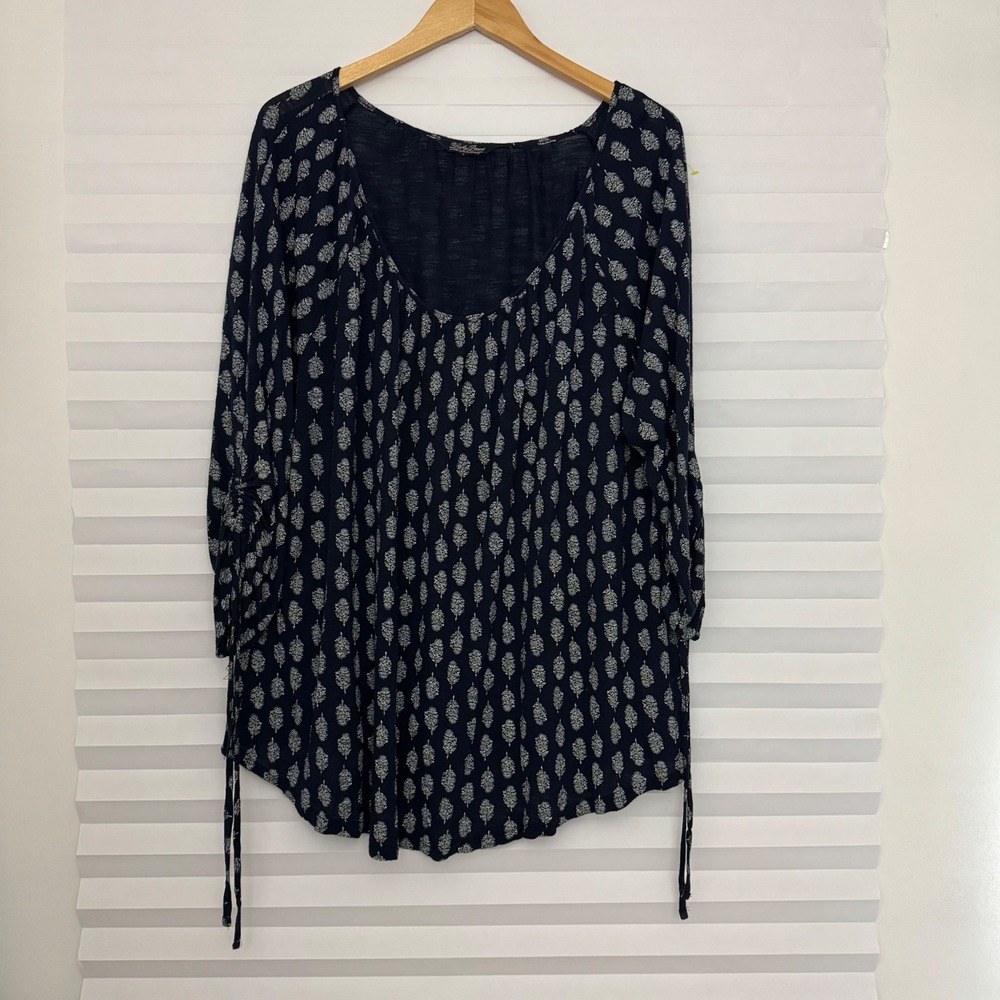 Lucky Brand Navy Blue White Floral Leaf Print Scoop Neck Tie Sleeve Boho Top 3X